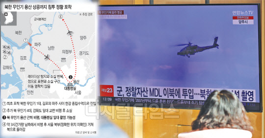 27일 서울역 대합실에 설치된 TV에 북한 무인기 영공 침범 관련 뉴스가 보도되고 있다. 연합뉴스